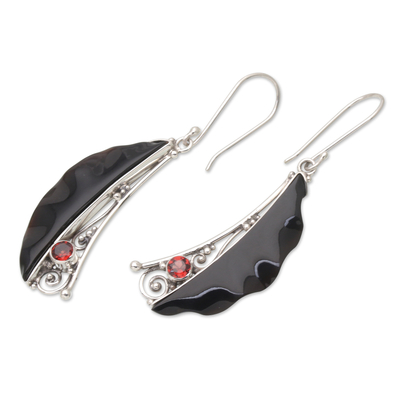 Horn and garnet dangle earrings, 'Charming Appeal' - Balinese Horn Garnet and Sterling Silver Dangle Earrings