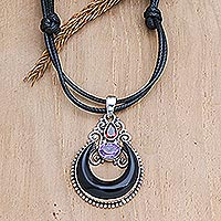 Horn, amethyst and garnet pendant necklace, 'Halloween Moon Knight'