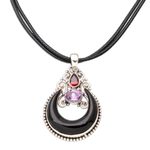 Horn, amethyst and garnet pendant necklace, 'Halloween Moon Knight' - Horn Amethyst Garnet and Sterling Silver Pendant Necklace