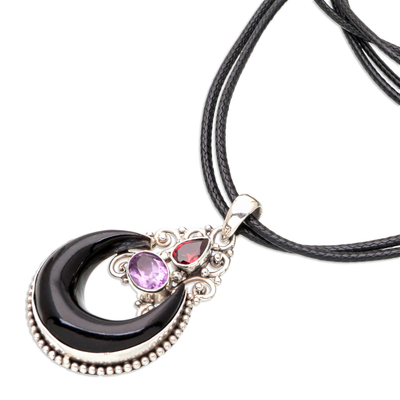 Horn, amethyst and garnet pendant necklace, 'Halloween Moon Knight' - Horn Amethyst Garnet and Sterling Silver Pendant Necklace