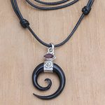 Horn and garnet pendant necklace, 'Midnight Halloween' - Spiral Horn Garnet and Sterling Silver Pendant Necklace