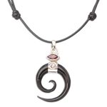 Horn and garnet pendant necklace, 'Midnight Halloween' - Spiral Horn Garnet and Sterling Silver Pendant Necklace