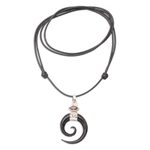 Horn and garnet pendant necklace, 'Midnight Halloween' - Spiral Horn Garnet and Sterling Silver Pendant Necklace