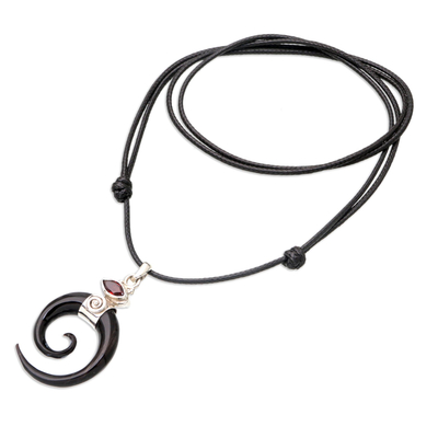 Horn and garnet pendant necklace, 'Midnight Halloween' - Spiral Horn Garnet and Sterling Silver Pendant Necklace