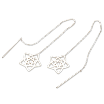 Sterling silver threader earrings, 'Starry Spring' - Geometric Floral Sterling Silver Threader Earrings from Bali