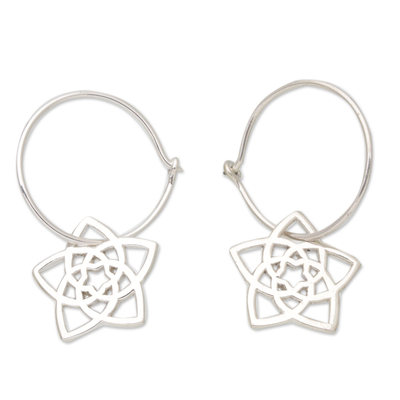 Sterling silver hoop earrings, 'Starry Blossom' - Geometric Floral Sterling Silver Hoop Earrings from Bali