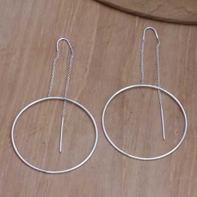 Sterling silver threader earrings, 'Hoop Glow' - Minimalist Sterling Silver Threader Earrings Crafted in Bali