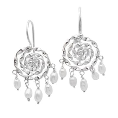 Cultured pearl chandelier earrings, 'Twinkle Dreamcatcher' - 925 Silver Chandelier Earrings with Cultured Pearl from Bali