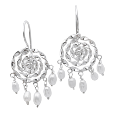 Cultured pearl chandelier earrings, 'Twinkle Dreamcatcher' - 925 Silver Chandelier Earrings with Cultured Pearl from Bali
