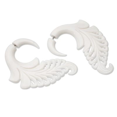 Hand-carved drop earrings, 'Enchanted Feathers' - Balinese Hand-Carved Drop Earrings Featuring Feathers