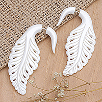 Hand-carved drop earrings, 'Heaven Feathers' - Balinese Hand-Carved Drop Earrings in Natural Color