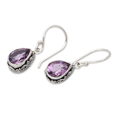 Amethyst dangle earrings, 'Wise Spring' - Two-Carat Amethyst Sterling Silver Dangle Earrings from Bali