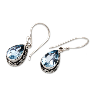 Blue topaz dangle earrings, 'Serene Spring' - Four-Carat Blue Topaz Sterling Silver Dangle Earrings