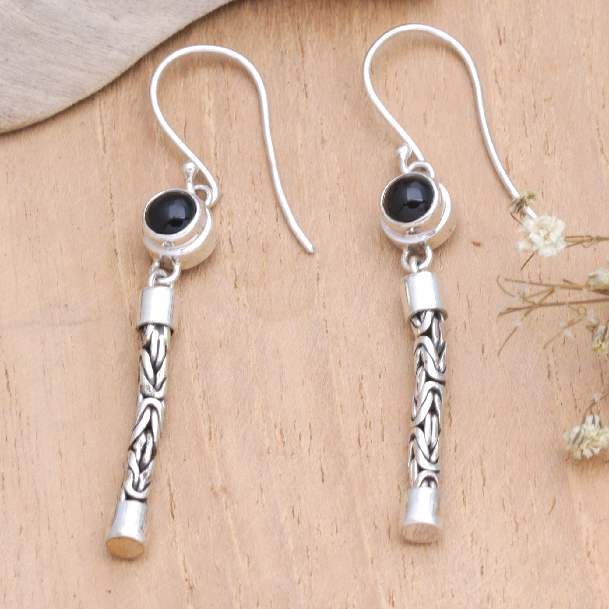 Onyx Sterling Silver Dangle Earrings Crafted in Bali - Courageous