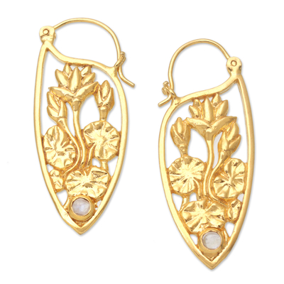 Lotus-Motif Gold-Plated Earrings with Rainbow Moonstone