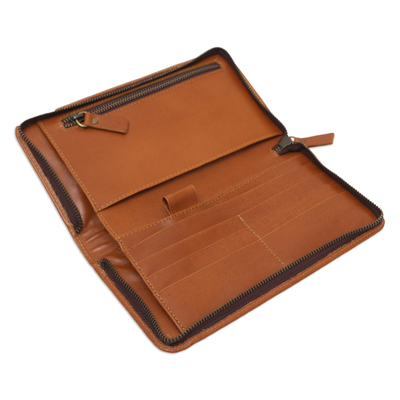 Leather clutch, 'Marvelous Elegance' - Brown Leather Zippered Clutch Crafted by Javanese Artisans