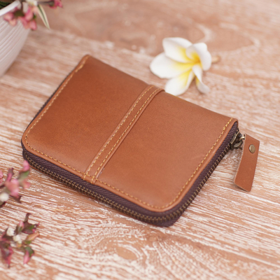 Leather wallet, 'Warm Brown' - Handcrafted Brown Leather Wallet with Zippered Opening