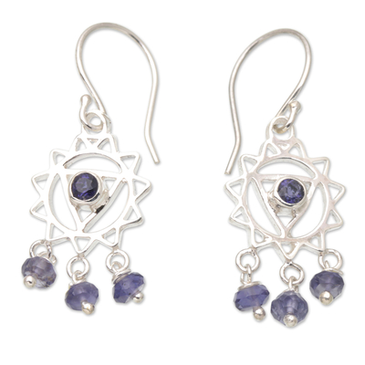 Chakra Themed Sterling Silver and Iolite Dangle Earrings