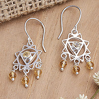 Citrine dangle earrings, 'Daybreak Sun' - Chakra Themed Sterling Silver and Citrine Dangle Earrings