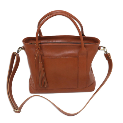 Leather shoulder bag, 'Wise Lady' - Handcrafted Brown Leather Shoulder Bag with Handles