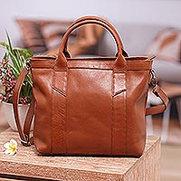 Leather shoulder bag, 'Charming Brown' - Brown Leather Shoulder Bag Handcrafted by Javanese Artisans