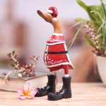Bamboo root and teak wood figurine, 'Noel Duck' - Hand-Crafted Bamboo Root and Teak Wood Santa Duck Figurine