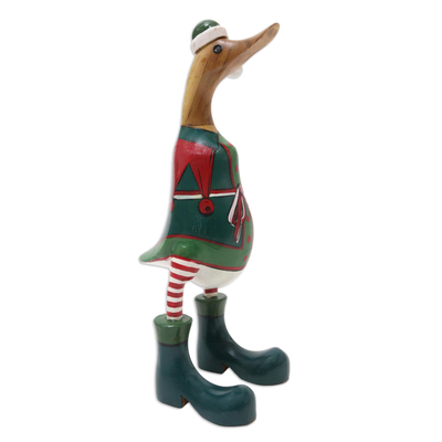 Bamboo root and teak wood figurine, 'Santa's Helper Duck' - Hand-Crafted Bamboo Root and Teak Wood Elf Duck Figurine