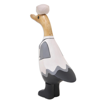 Bamboo root and teak wood figurine, 'Nurse Duckling in White' - Hand-Crafted Bamboo Root and Teak Wood Nurse Duck Figurine