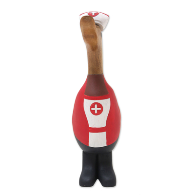 Figur aus Bambuswurzel und Teakholz - Handgefertigte Krankenschwester-Entenfigur aus Bambuswurzel und Teakholz