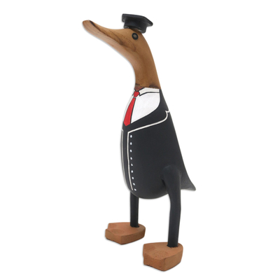 Bamboo root and teak wood figurine, 'Fresh Out of Ivy League' - Hand-Crafted Bamboo Root and Teak Wood Student Duck Figurine