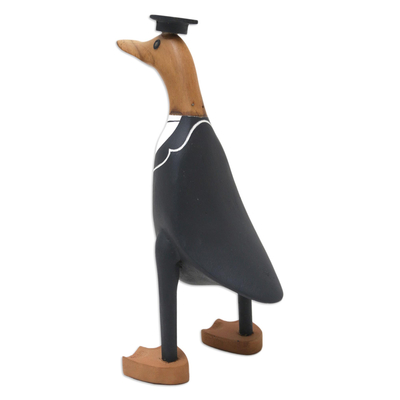 Bamboo root and teak wood figurine, 'Fresh Out of Ivy League' - Hand-Crafted Bamboo Root and Teak Wood Student Duck Figurine