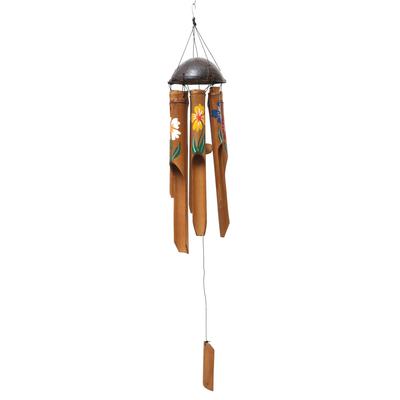 Bamboo and coconut shell wind chime, 'Blooming Bamboo' - Hand-Crafted Bamboo Wind Chime with Floral Motifs from Bali