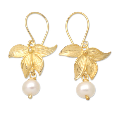 Gold-plated cultured pearl dangle earrings, 'Floral Gold' - 18k Gold-Plated Floral Dangle Earrings with Cultured Pearls