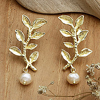 Gold-plated cultured pearl dangle earrings, 'Pearly Victory' - 18k Gold-Plated Dangle Earrings with Olive Leaves and Pearls