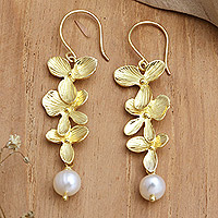 Gold-plated cultured pearl dangle earrings, 'Pearly Orchids' - Cultured Pearl Floral Dangle Earrings with 18k Gold Plating