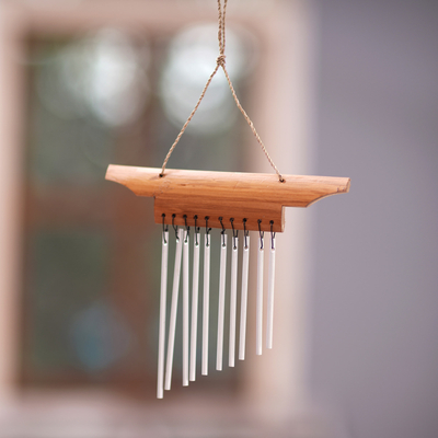 Bamboo mini wind chimes, 'Empire of Melody' - Balinese Handmade Bamboo Aluminum Mini Wind Chimes in Brown