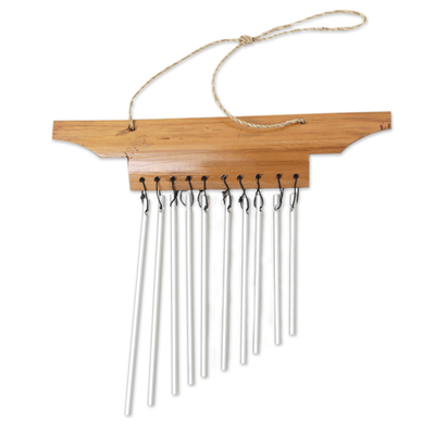 Bamboo mini wind chimes, 'Empire of Melody' - Balinese Handmade Bamboo aluminium Mini Wind Chimes in Brown