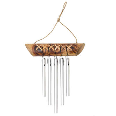 Bamboo mini wind chimes, 'Weaving The Tones' - Balinese Handmade Bamboo Aluminum Mini Wind Chimes in Brown