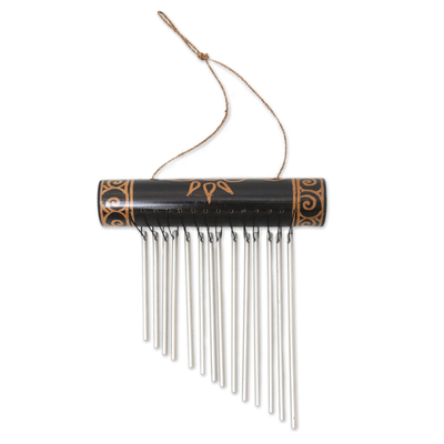 Bamboo wind chimes, 'In Tune with The Times' - Handmade Sun Motif Bamboo and Aluminum Wind Chimes in Black