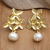 Gold-plated cultured pearl dangle earrings, 'Golden Bloom' - Floral Cultured Pearl Dangle Earrings with 18k Gold Plating