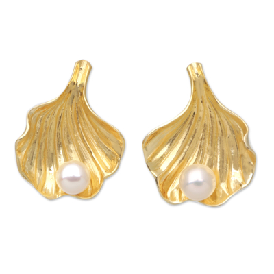 Pendientes colgantes de perlas cultivadas bañadas en oro - Aretes colgantes de conchas marinas chapados en oro de 18 k con perlas cultivadas