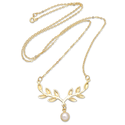Gold-plated cultured pearl pendant necklace, 'Pearly Victory' - 18k Gold-Plated Pendant Necklace with Olive Leaves and Pearl
