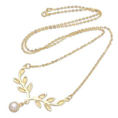 Halskette mit vergoldetem Zuchtperlenanhänger - 18 Karat vergoldete Halskette mit Olivenblättern und Perle