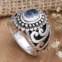 Blue topaz cocktail ring, 'Loyalty Throne' - Balinese Sterling Silver Cocktail Ring with Blue Topaz Stone