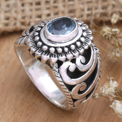 Blue topaz cocktail ring, 'Loyalty Throne' - Balinese Sterling Silver Cocktail Ring with Blue Topaz Stone