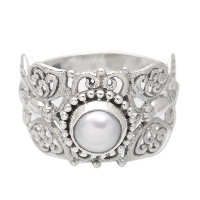 Cultured pearl cocktail ring, 'Innocence Butterfly' - Sterling Silver Butterfly Cocktail Ring with Cultured Pearl
