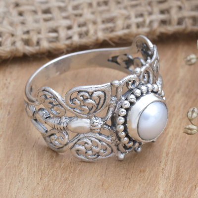 Anillo de cóctel con perlas cultivadas - Anillo de cóctel de mariposa en plata de ley con perla cultivada