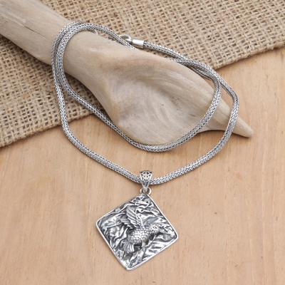 Sterling silver pendant necklace, 'Merry Hummingbird' - Sterling Silver Geometric Pendant Necklace with Hummingbird