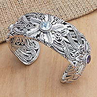 Gold-accented multi-gemstone cuff bracelet, 'Floral Blessing' - 18k Gold-Accented Multi-Gemstone Cuff Bracelet from Bali