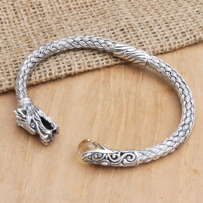 Citrine cuff bracelet, 'Victory Dragon' - Sterling Silver Dragon Cuff Bracelet with One-Carat Citrine